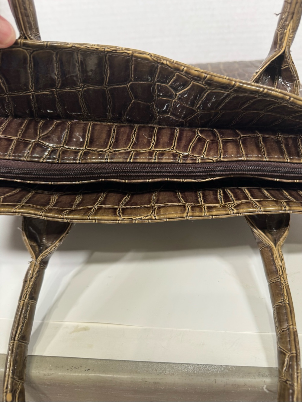 Murval Croc-Embossed Brown Patent Top-Handle Tote Laptop Bag - Picture 9 of 13